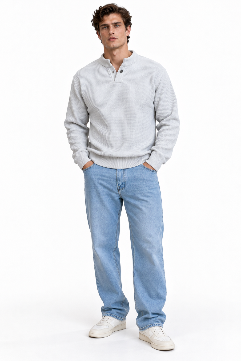 Premium Velvet Knit Henley – Pearl Grey