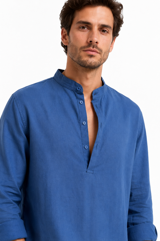 Linen Popover Shirt Ocean Blue