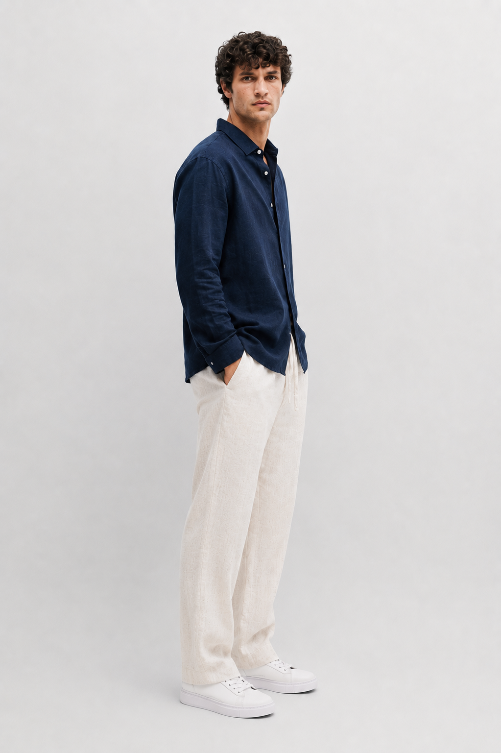 Navy Linen Shirt + Natural Beige Linen Relaxed Pants
