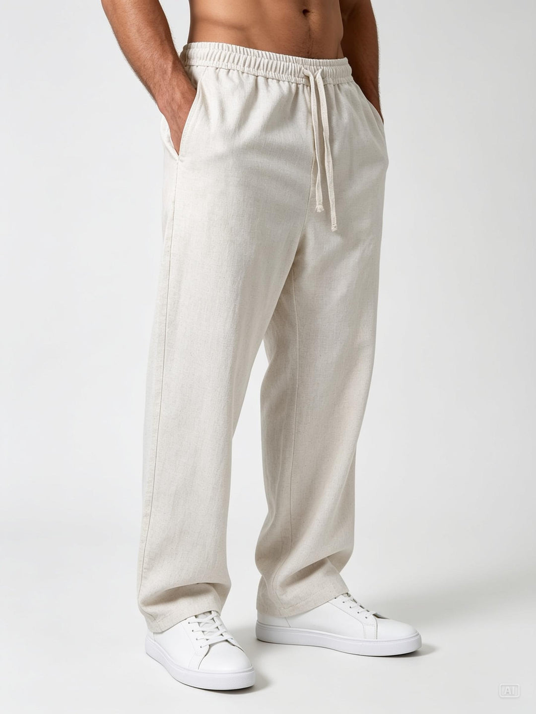 Natural Beige Linen Relaxed Fit Pants