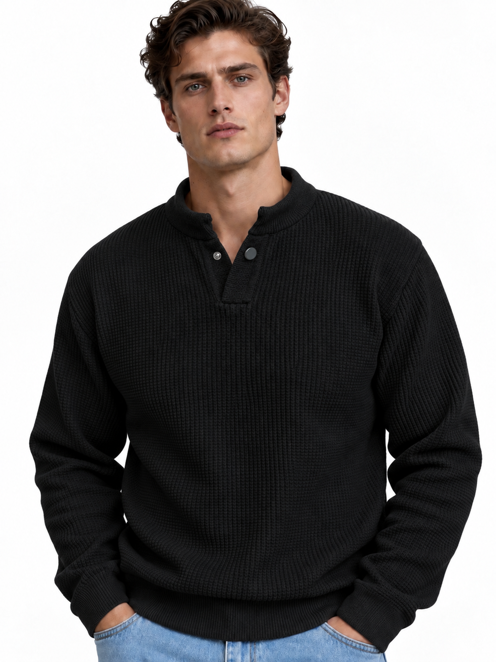 Premium Velvet Knit Henley – Black