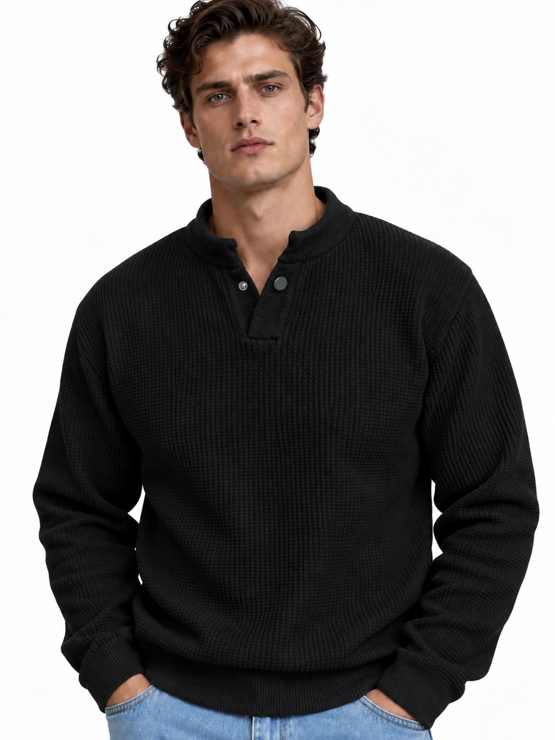 Premium Velvet Knit Henley – Black