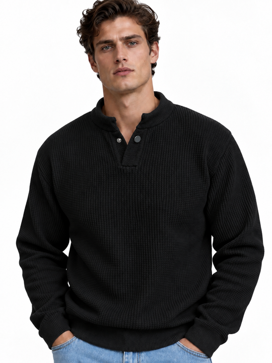 Premium Velvet Knit Henley – Black