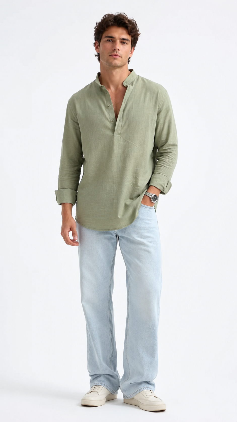 Linen Popover Shirt Sage Green