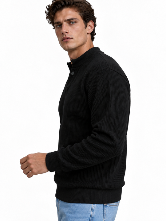 Premium Velvet Knit Henley – Black