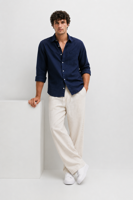 Navy Linen Shirt + Natural Beige Linen Relaxed Pants