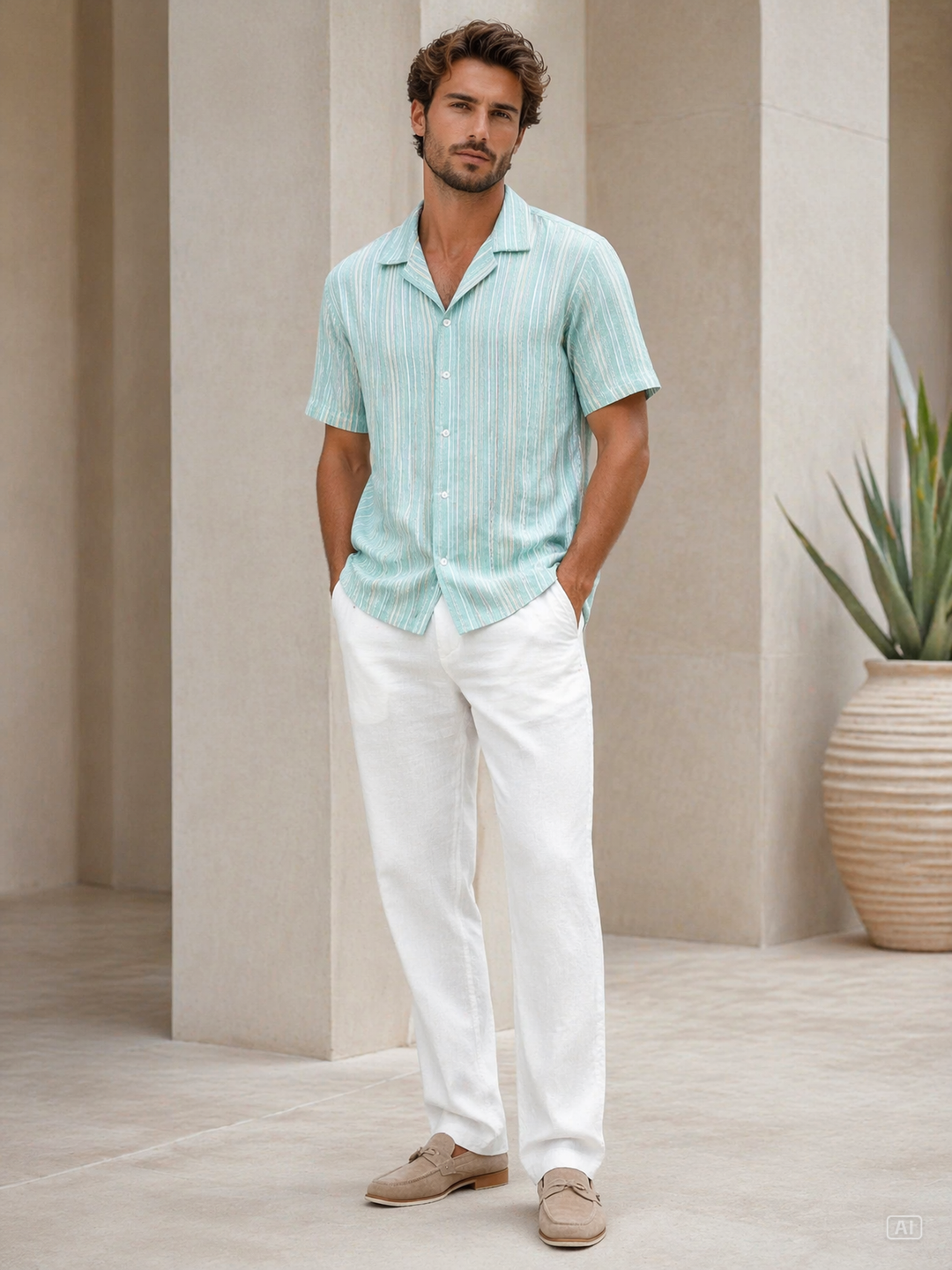 Jacquard Aqua Shirt + White Linen Relaxed Pants