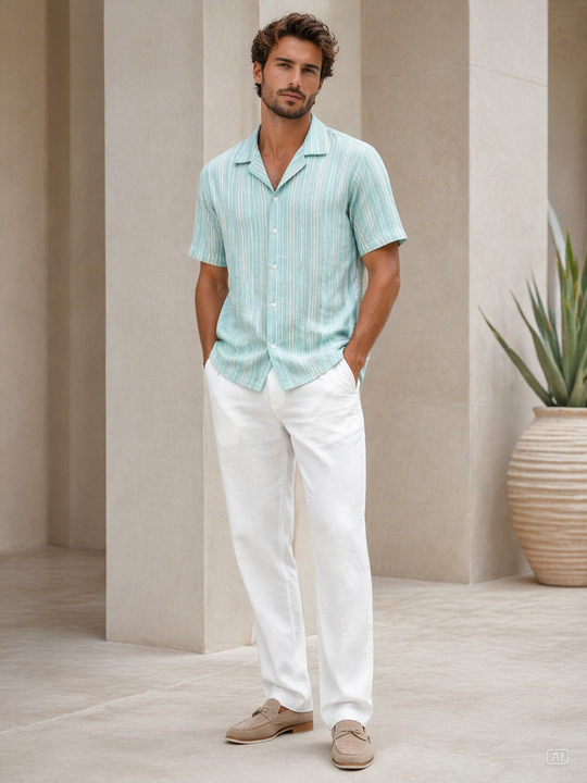 Jacquard Aqua Shirt + White Linen Relaxed Pants
