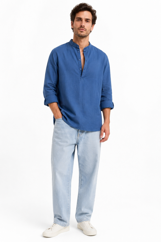 Linen Popover Shirt Ocean Blue