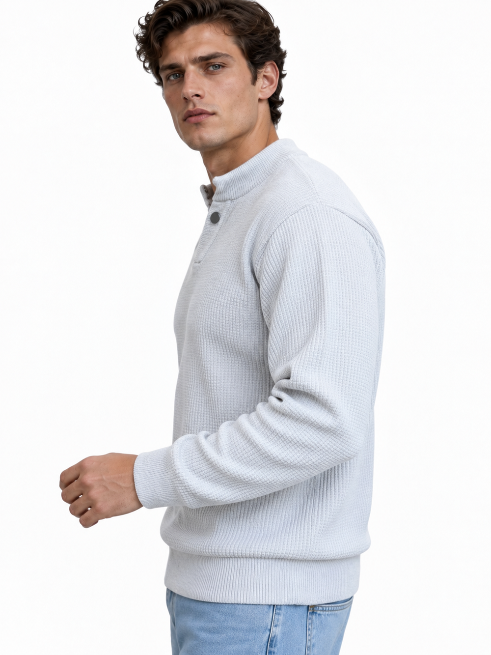 Premium Velvet Knit Henley – Pearl Grey