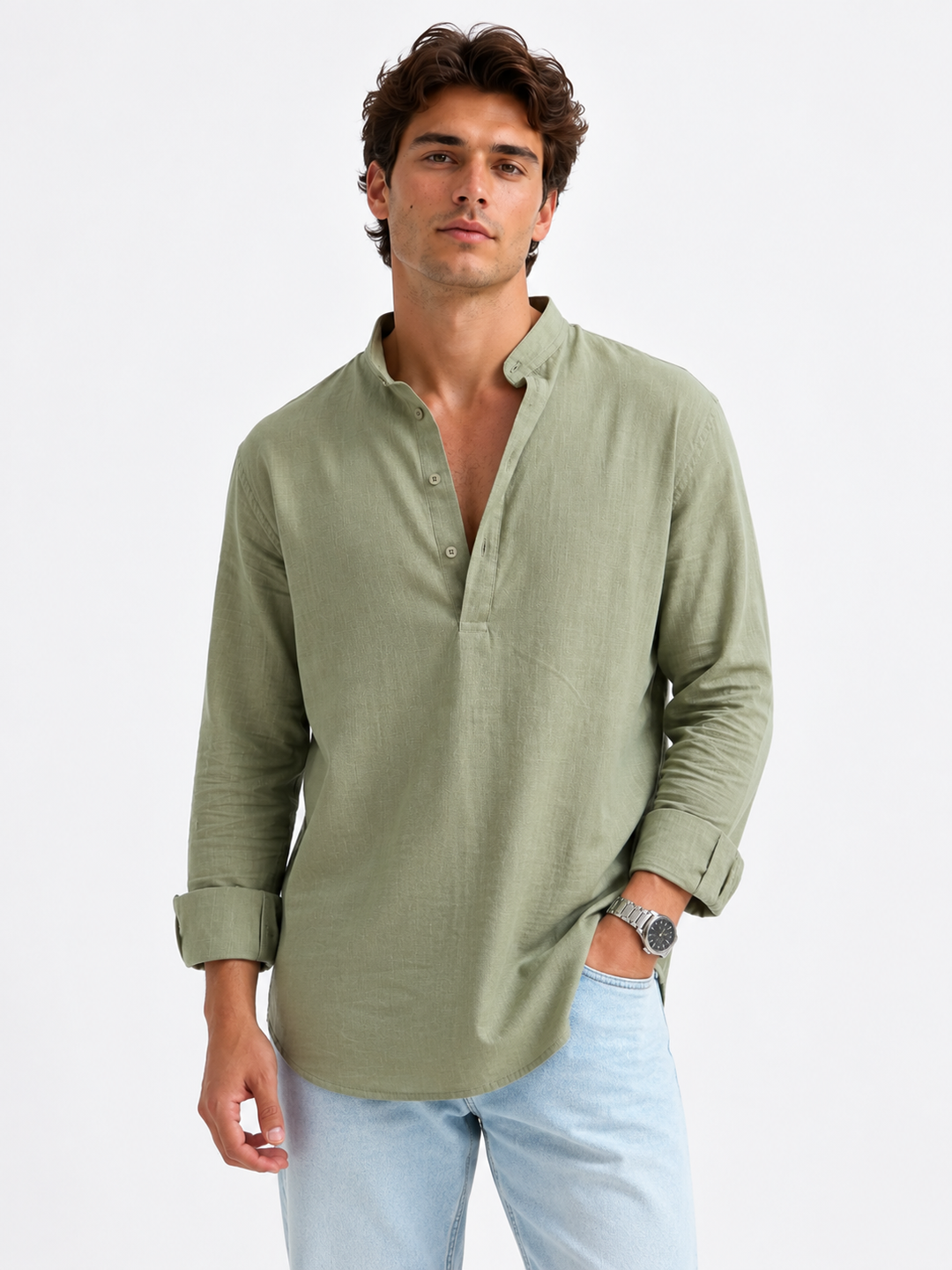 Linen Popover Shirt Sage Green