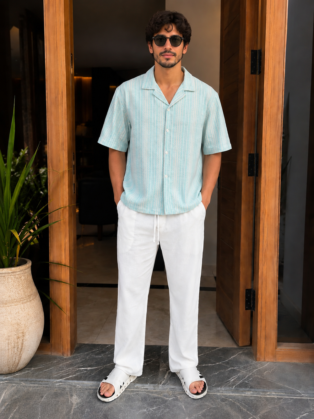 Jacquard Aqua Shirt + White Linen Relaxed Pants