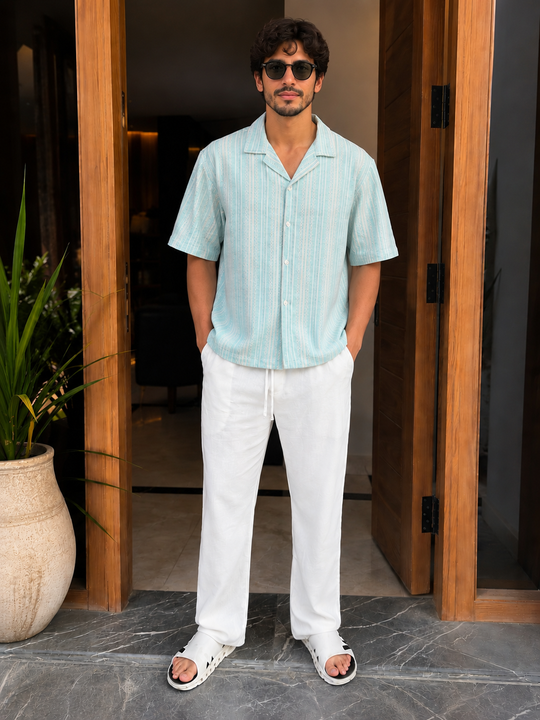 Jacquard Aqua Shirt + White Linen Relaxed Pants