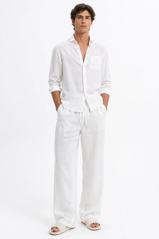 White Pure Linen Relaxed Fit pants