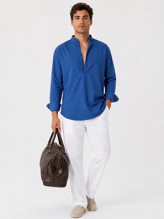 Linen Popover Shirt Ocean Blue