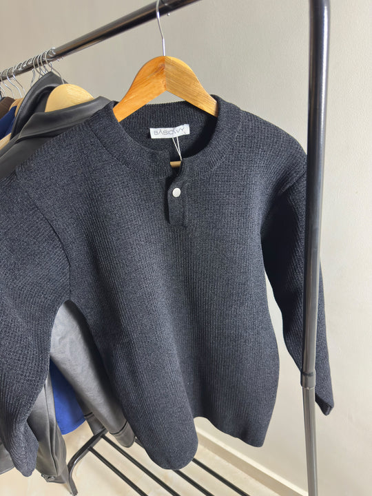 Premium Velvet Knit Henley – Black