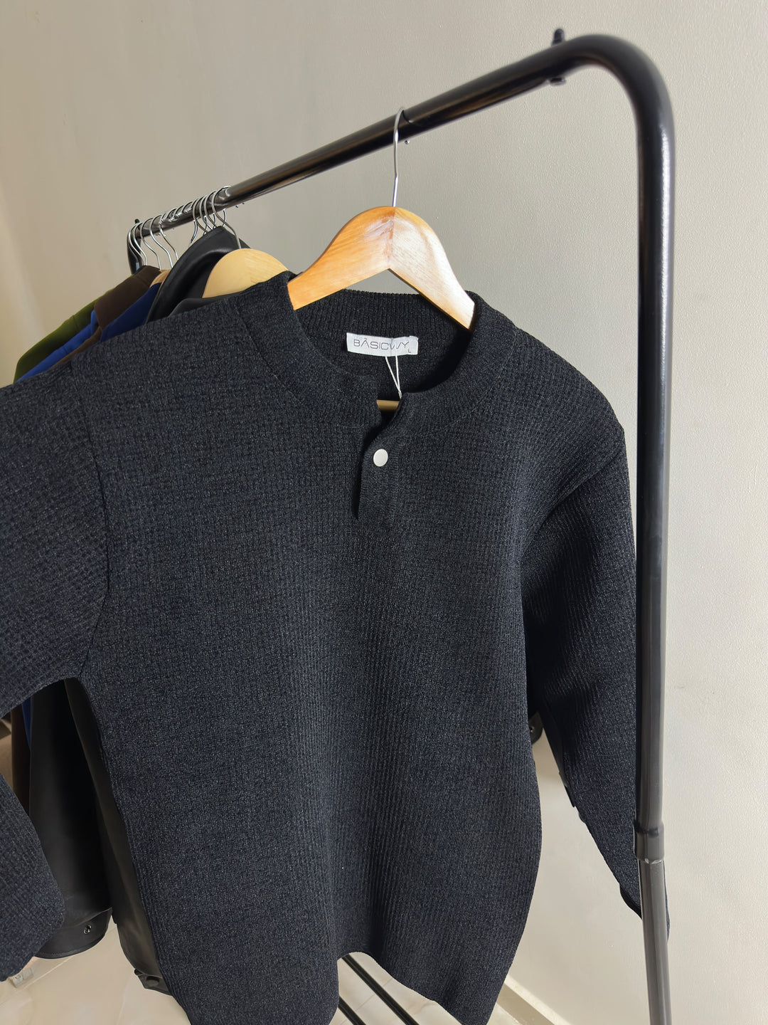 Premium Velvet Knit Henley – Black