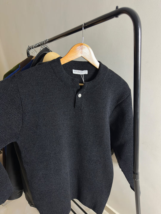 Premium Velvet Knit Henley – Black