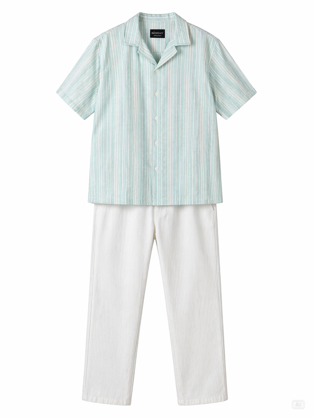 Jacquard Aqua Shirt + White Linen Relaxed Pants