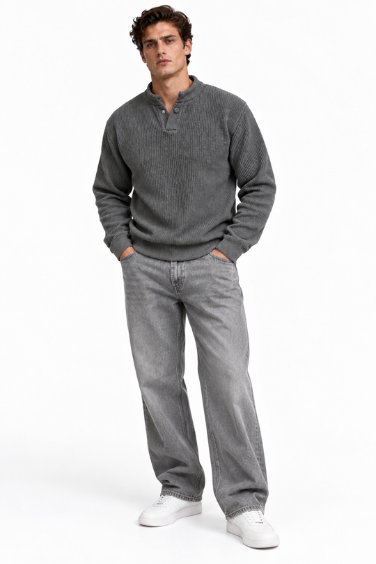 Premium Velvet Knit Henley – – Dark Grey