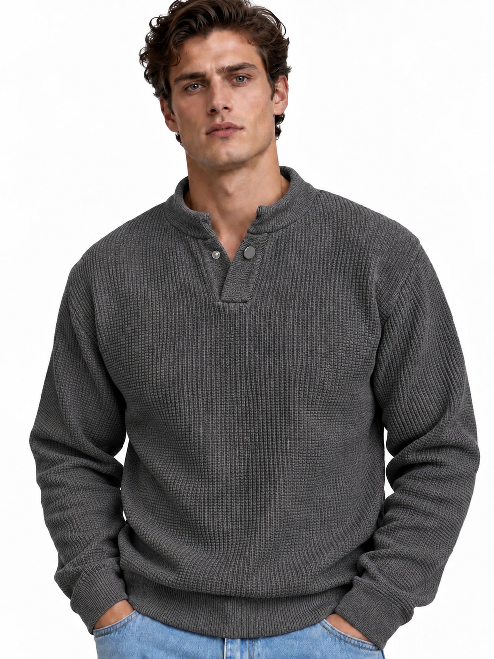 Premium Velvet Knit Henley – – Dark Grey