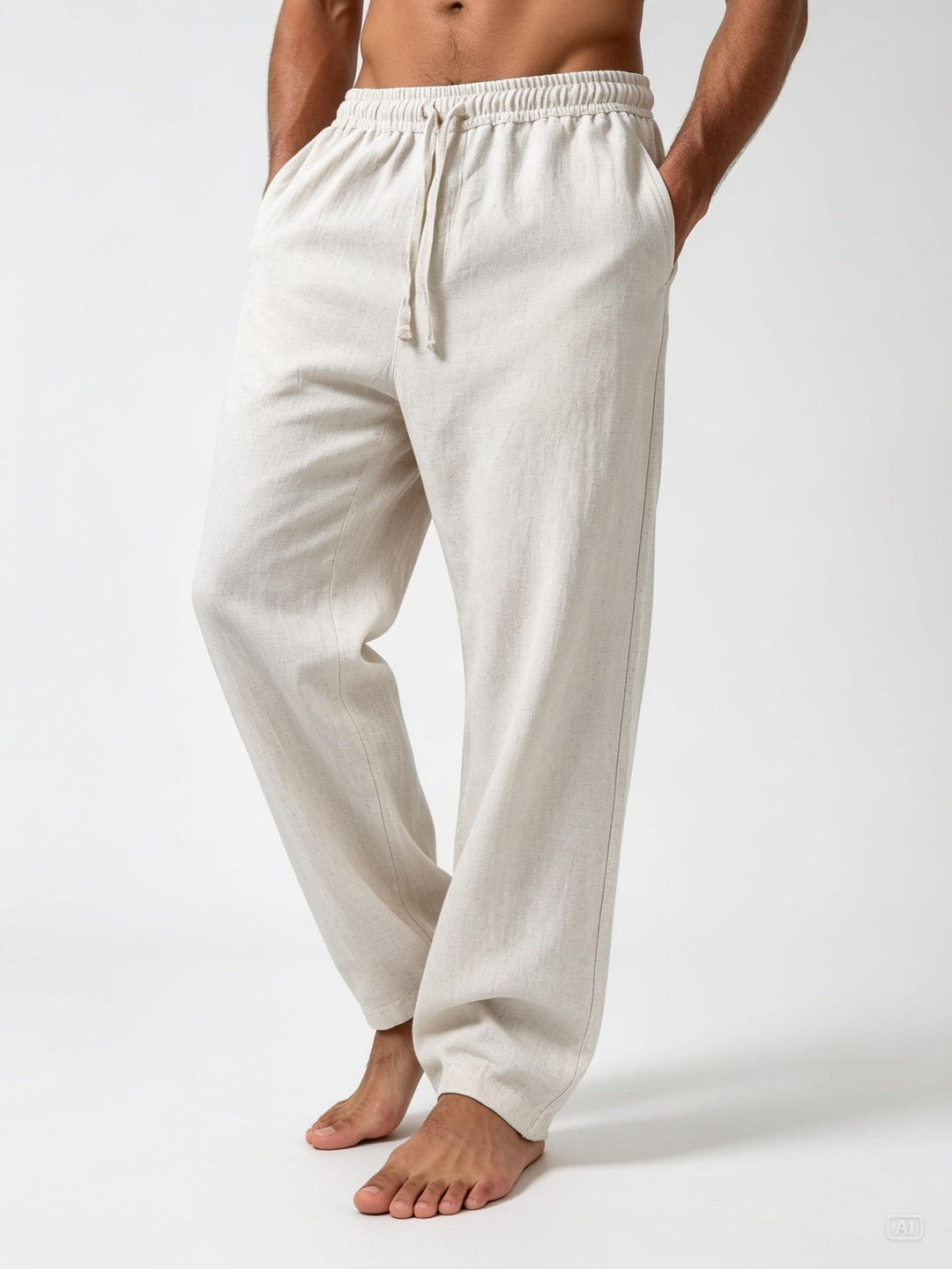Natural Beige Linen Relaxed Fit Pants