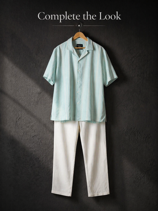 Jacquard Aqua Shirt + White Linen Relaxed Pants