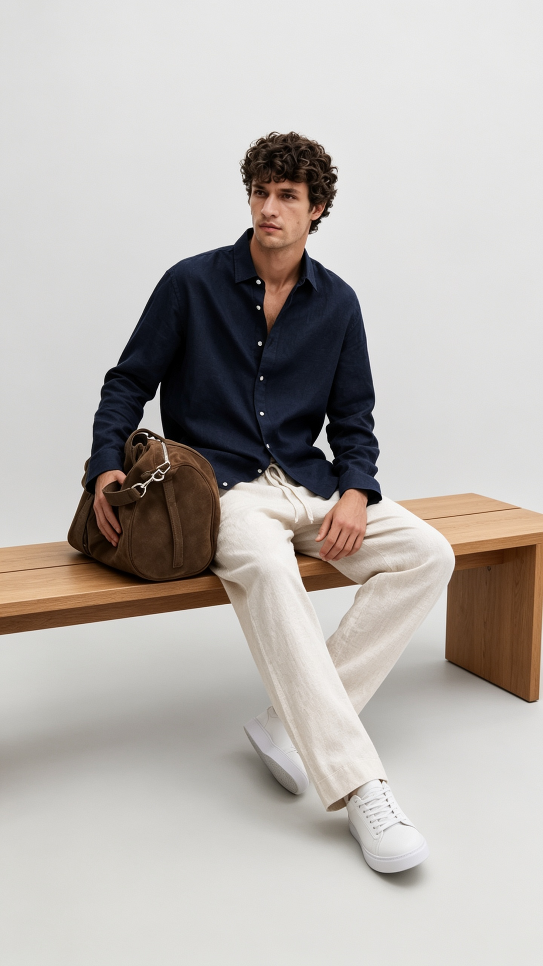 Navy Linen Shirt + Natural Beige Linen Relaxed Pants