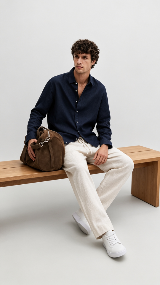 Navy Linen Shirt + Natural Beige Linen Relaxed Pants