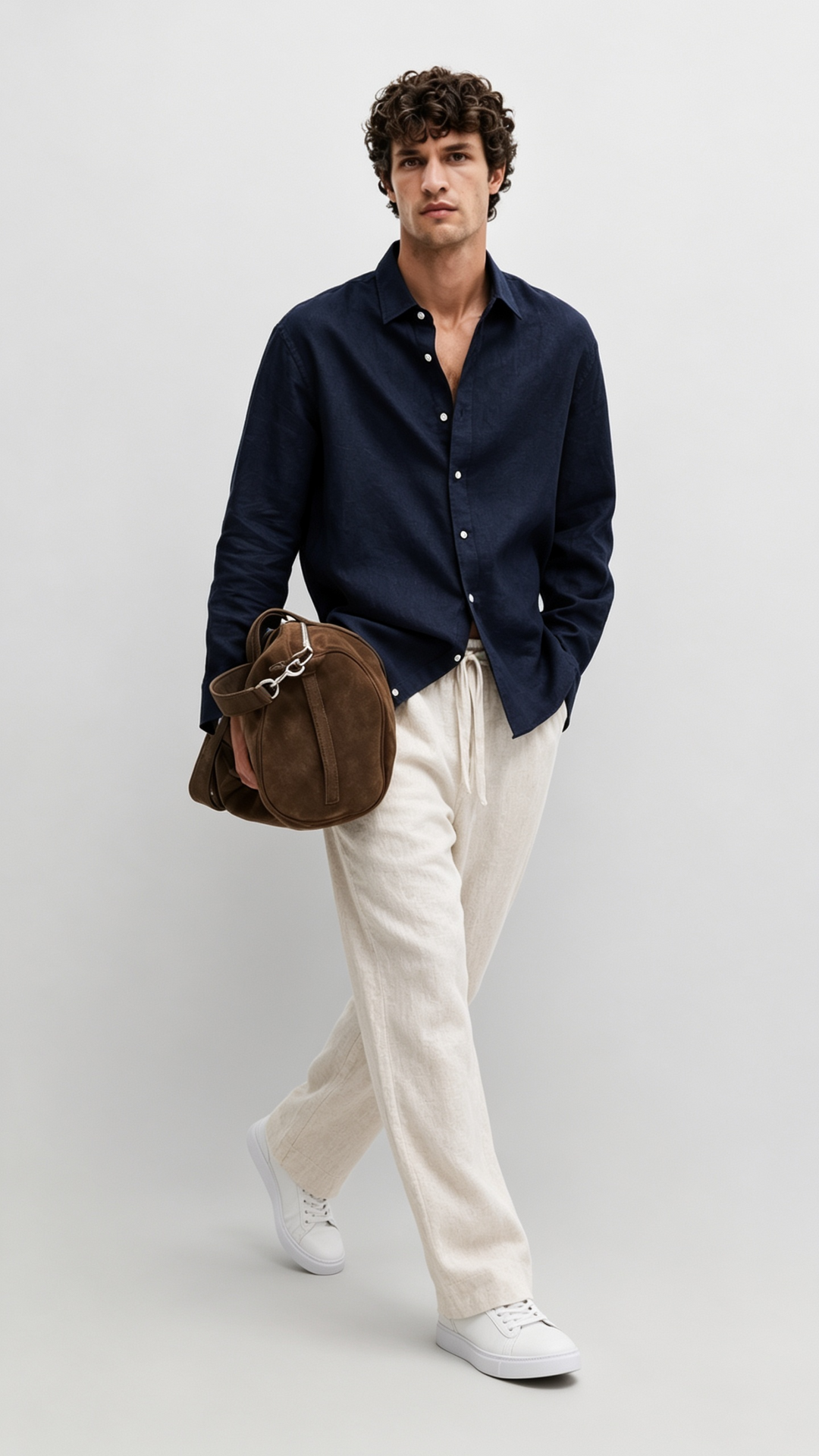 Navy Linen Shirt + Natural Beige Linen Relaxed Pants