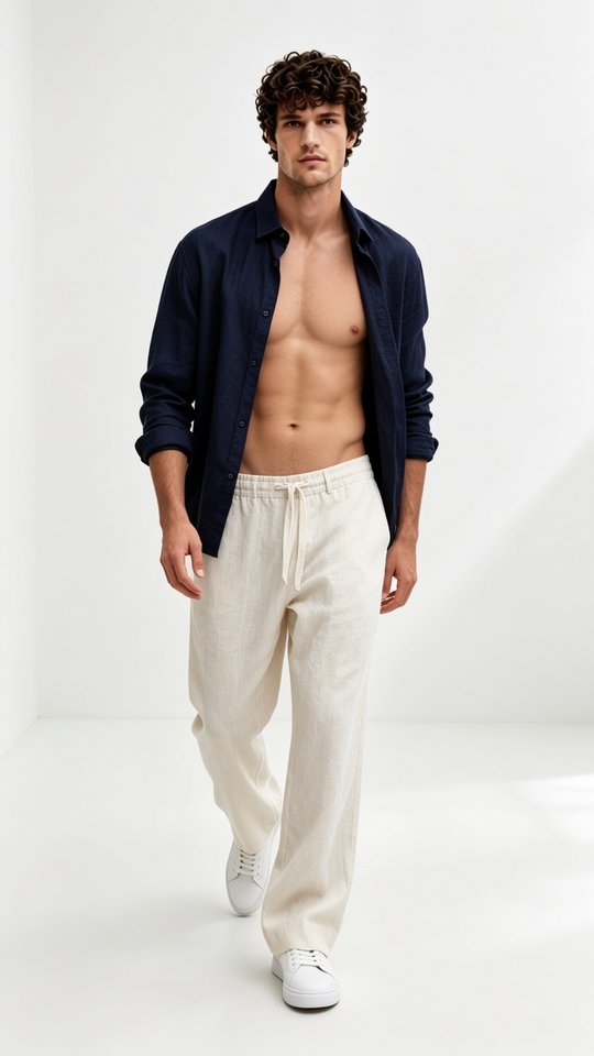 Navy Linen Shirt + Natural Beige Linen Relaxed Pants