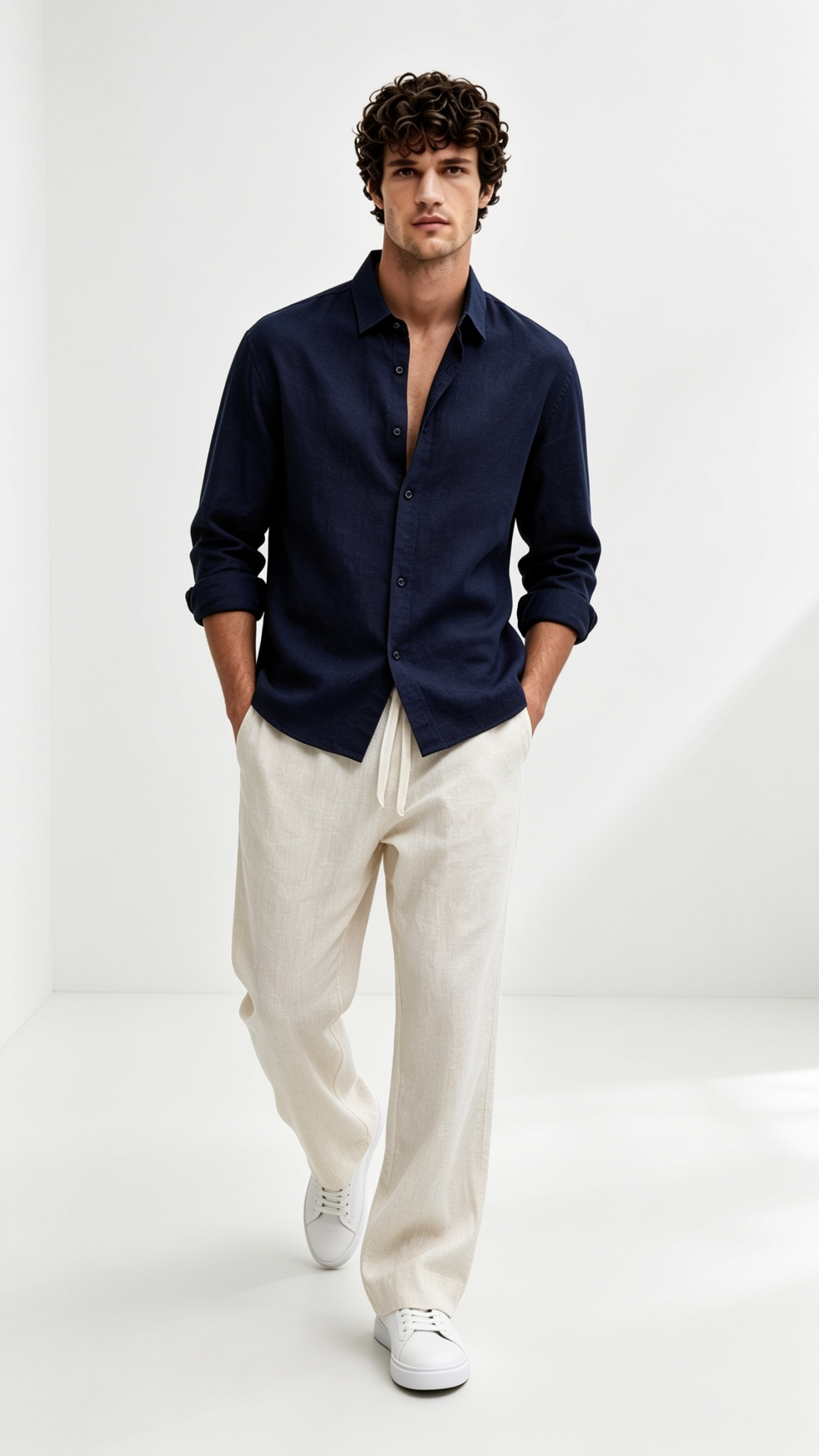 Navy Linen Shirt + Natural Beige Linen Relaxed Pants