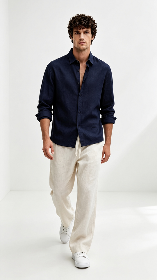 Navy Linen Shirt + Natural Beige Linen Relaxed Pants