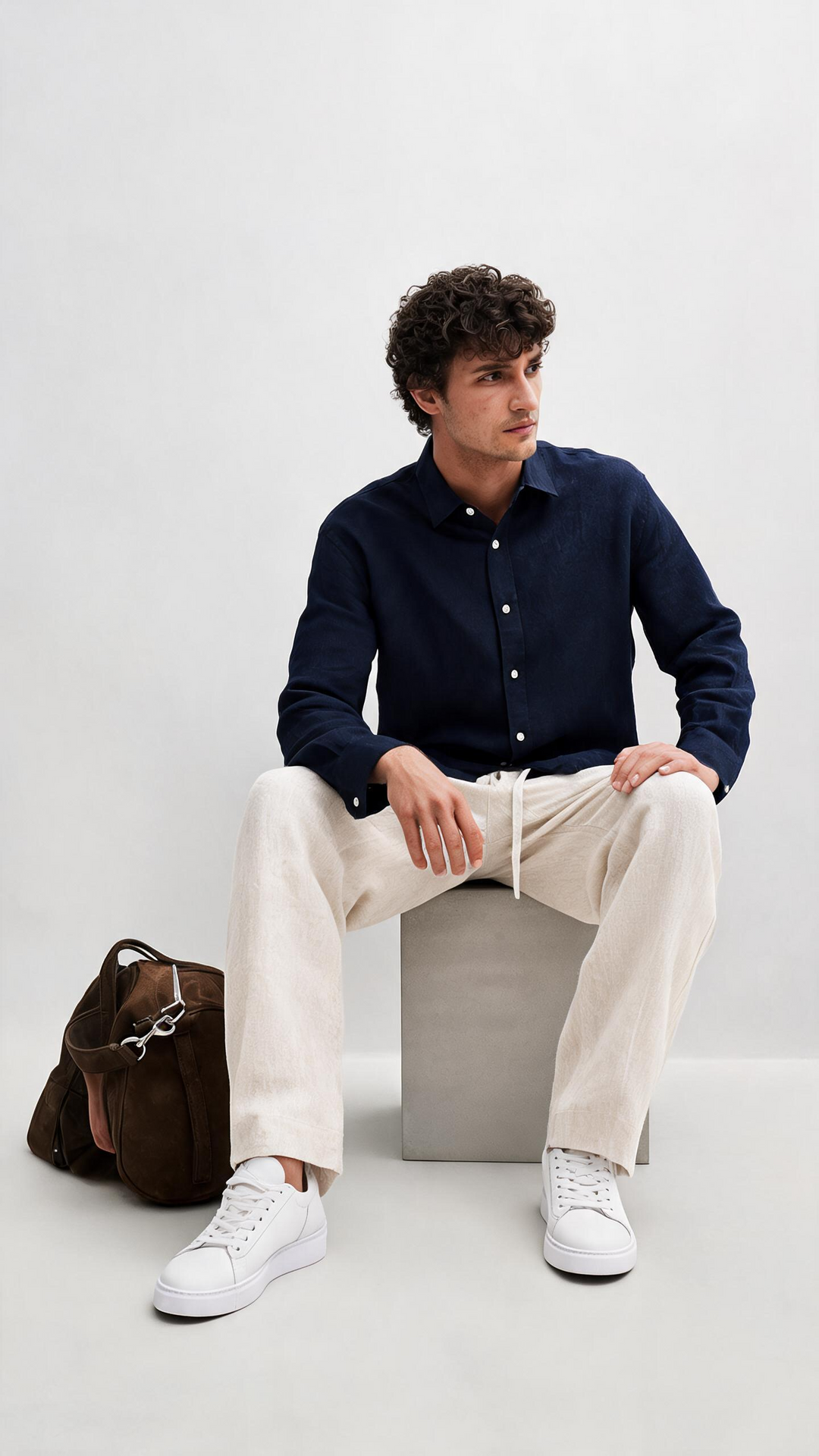 Navy Linen Shirt + Natural Beige Linen Relaxed Pants