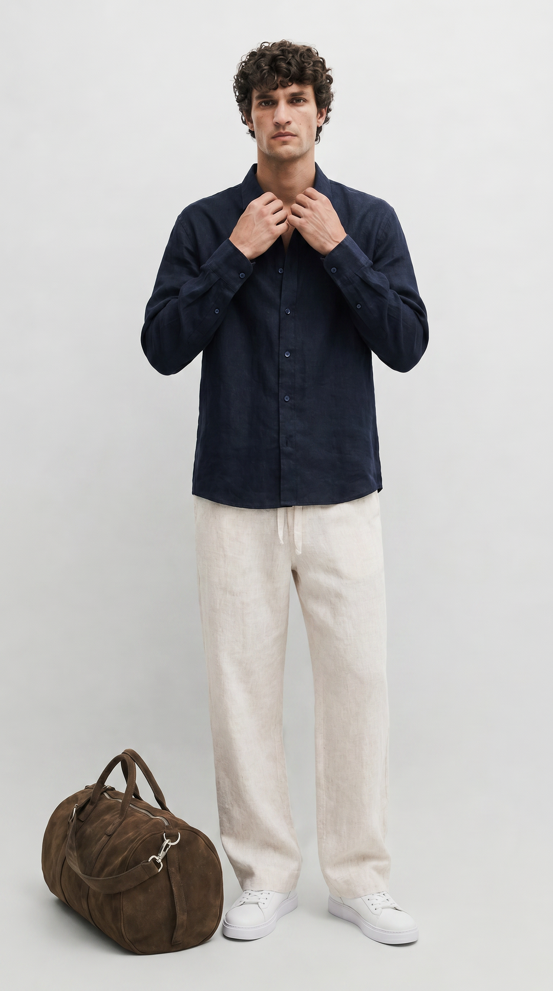Navy Linen Shirt + Natural Beige Linen Relaxed Pants