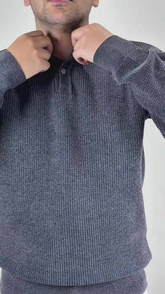 Premium Velvet Knit Henley – – Dark Grey