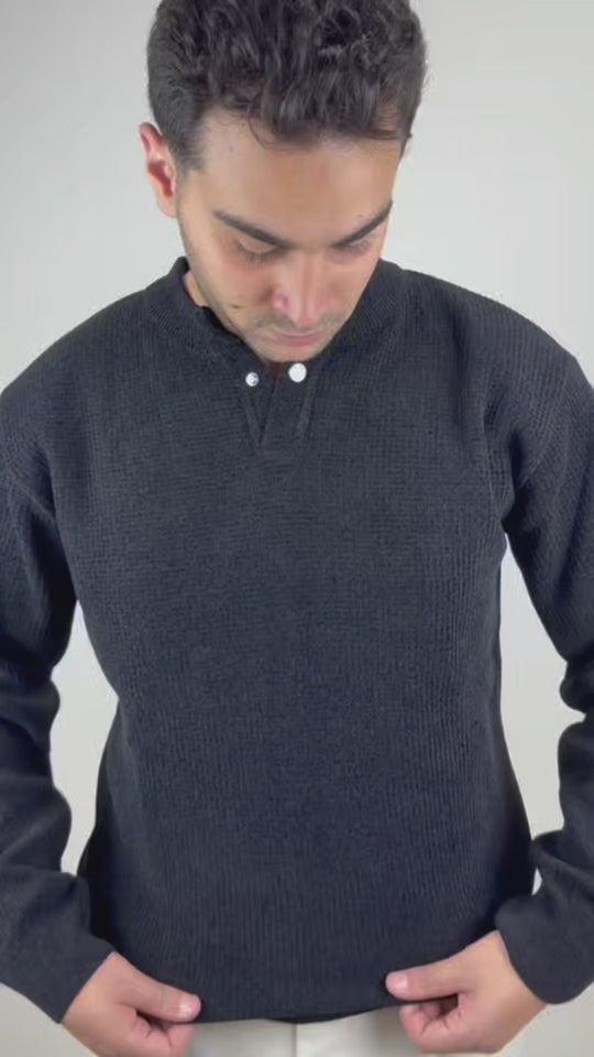 Premium Velvet Knit Henley – Black